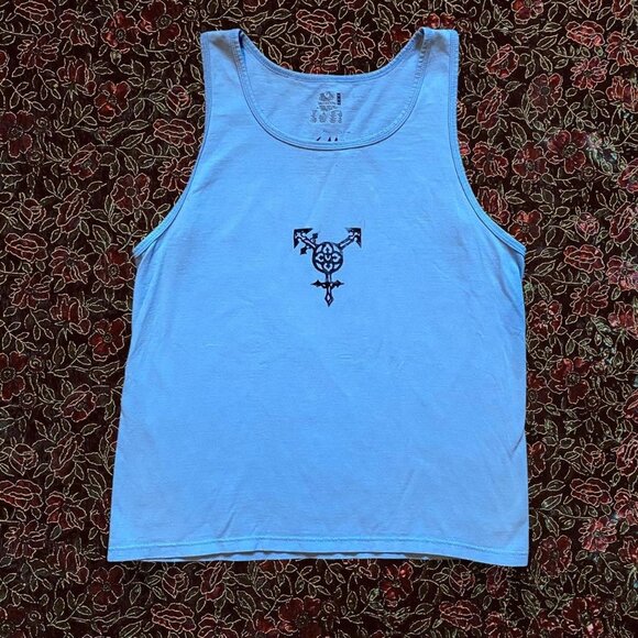 Gothic transgender symbol linocut print on light blue tank top - Picture 1 of 3